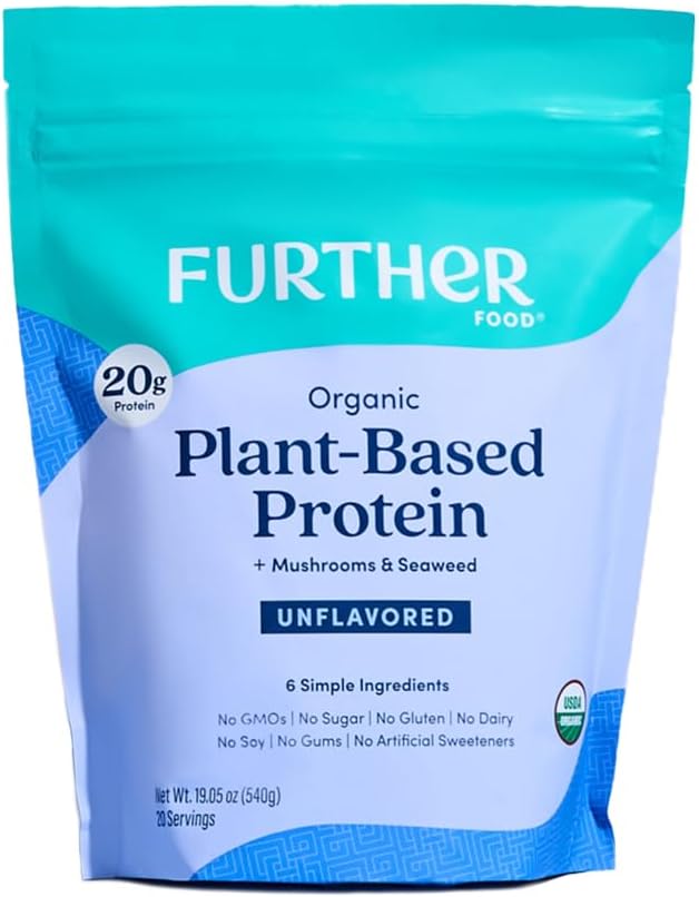 Further Food Organic Vegan Protein Powder Unflavored - 20g of Plant Based Protein, Organic Protein Powder with Mushrooms & Seaweed, Vegan, Non GMO, Gluten Free, Dairy Free 19.05 Oz