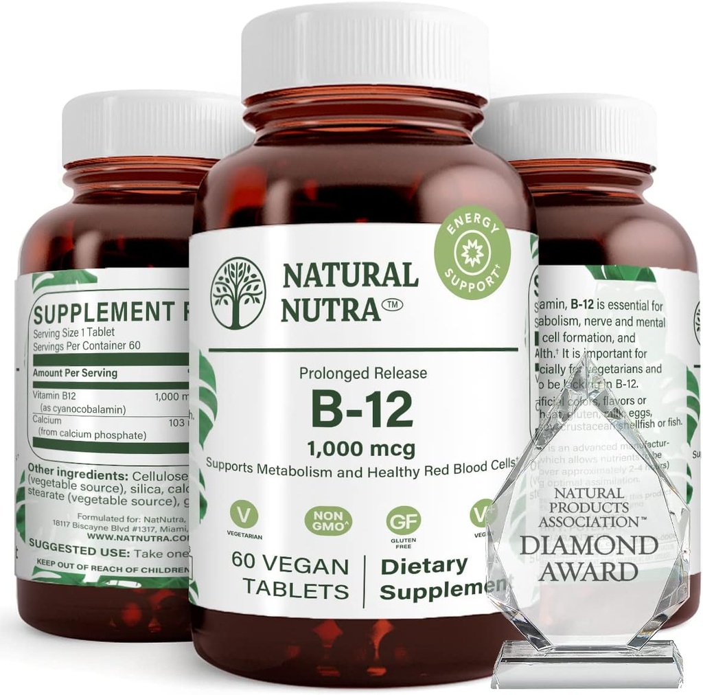 Natural Nutra Vitamin B12 1000 mcg, Cobalamin B 12 Supplement, Calcium Phosphate, Help in Metabolism Health, Supports Nervous System, Optimal Absorption, Gluten Free, Sugar Free, 60 Vegan Tablets