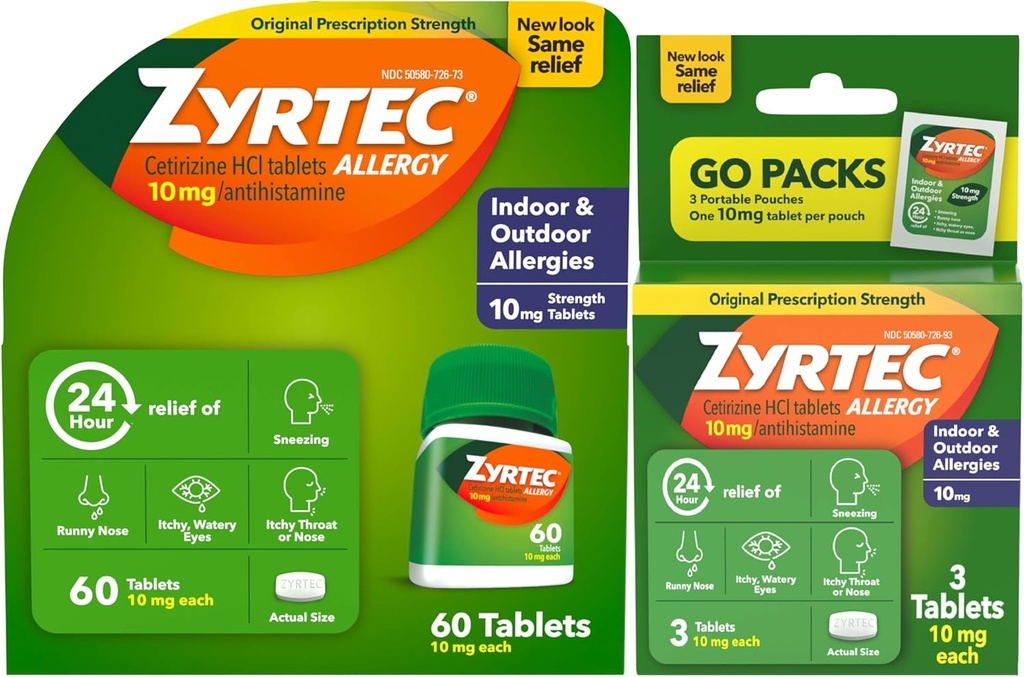 Zyrtec 24時間のアレルギーの救助のタブレット、Antihistamineのタブレット、束のパック、60のct + 3つのctの旅行パック、63の計算ごとの10のmg Cetirizine HClの屋内および屋外のアレルギーの薬
