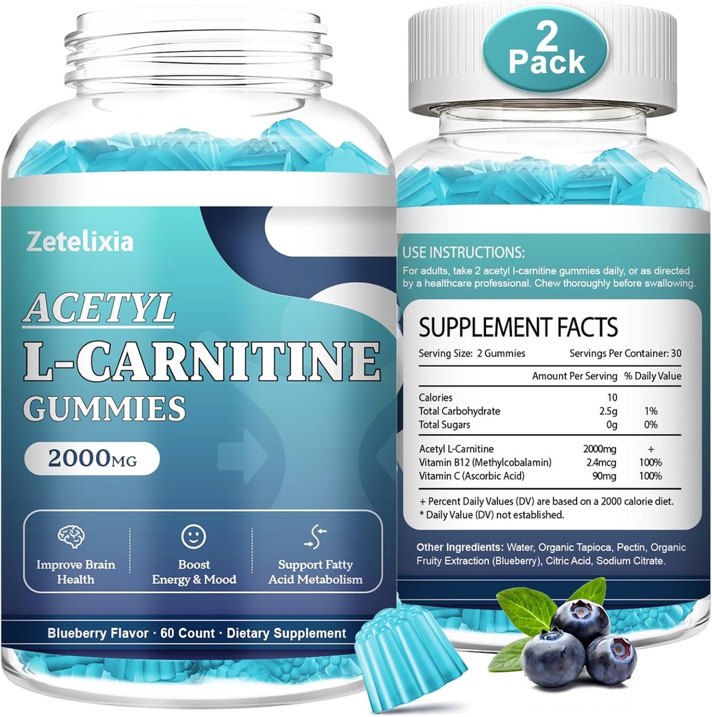 2 Pack Sugar Free Acetyl L-Carnitine Gummies, L-Carnitine Supplement for Women & Men, with Vitamin C & B12, ALCAR for Energy, Brain & Heart Health Support, Vegan, Non-GMO, 120 Count