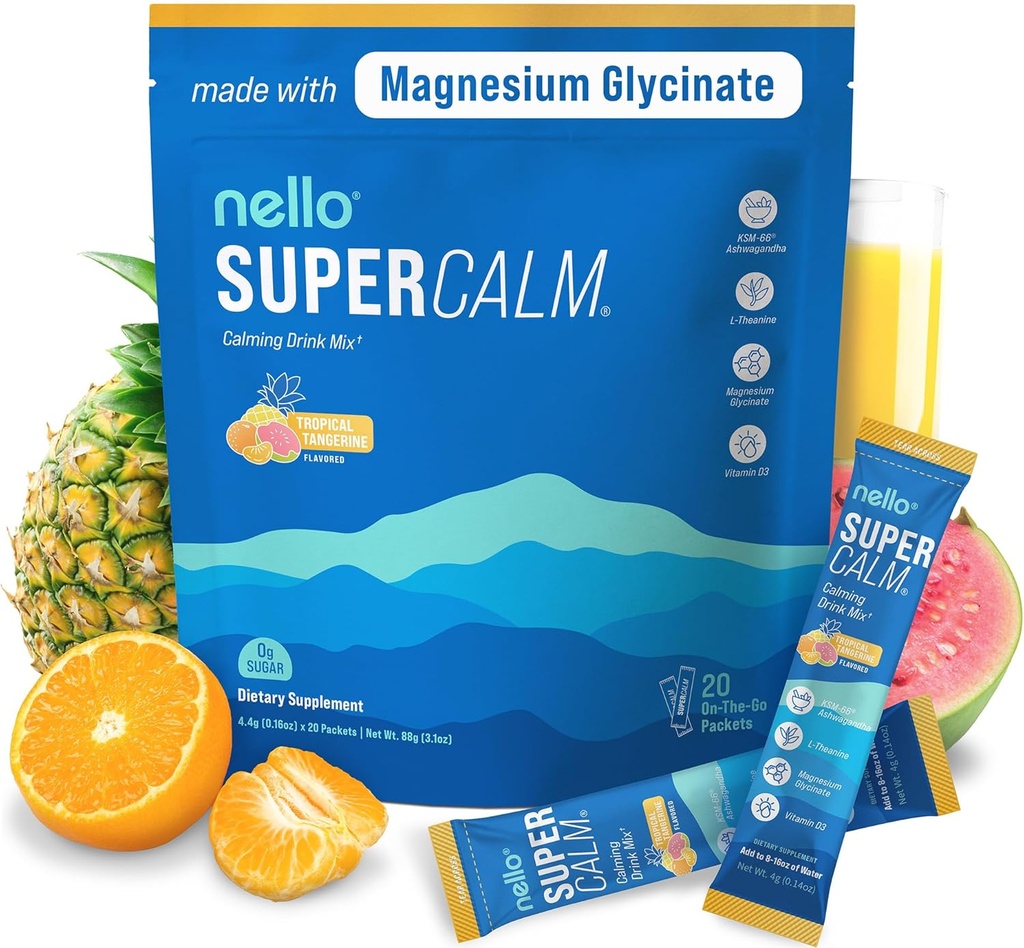 NelloのSupercalmは飲み物の組合せ、熱帯タンジェリン、Lのテアニン、Ksm-66 Ashwagandha、マグネシウムのGlycinate、ビタミンD 3の弛緩及び焦点のための補足、自然、砂糖、非GMO、20のSrvgを粉にします