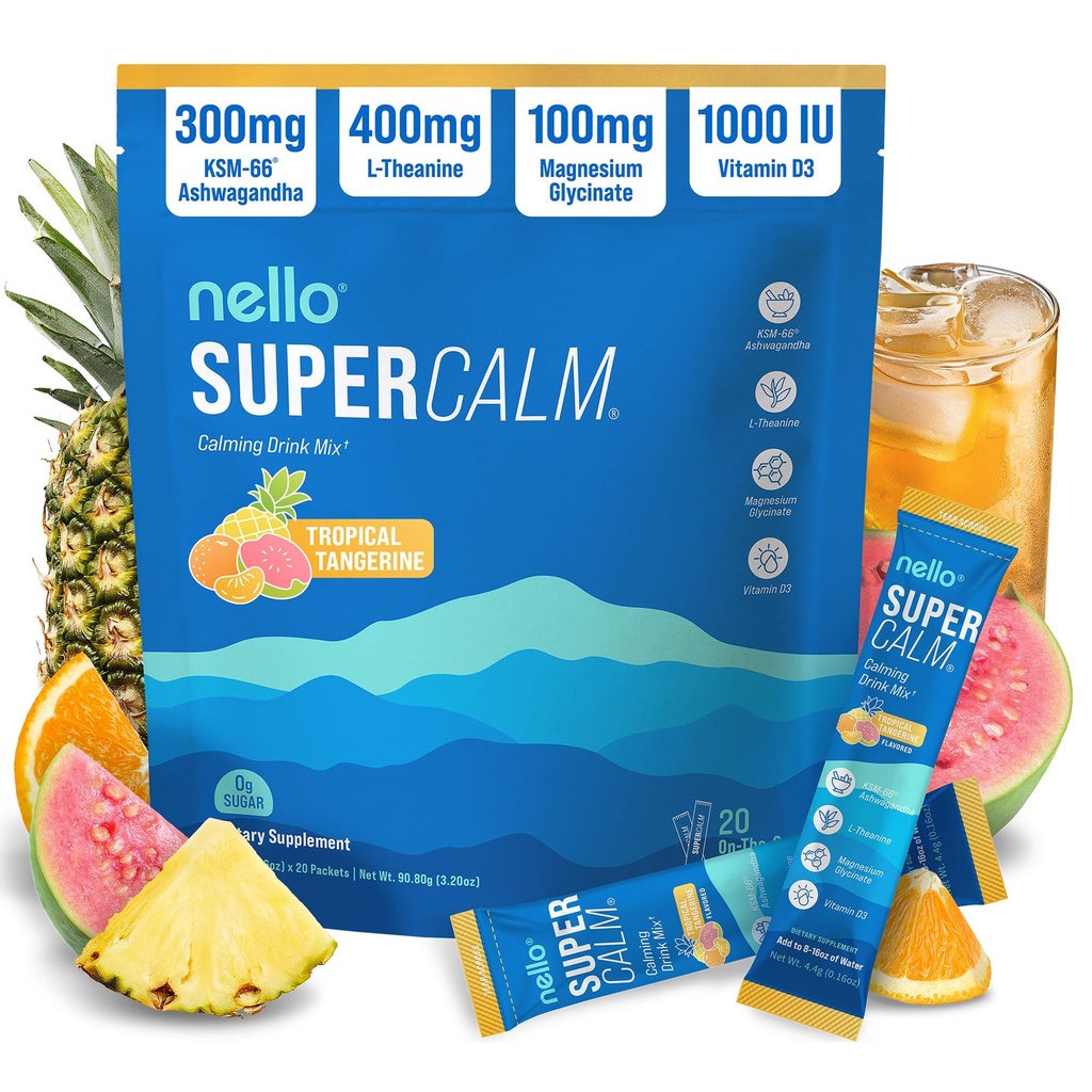 NelloのSupercalmは飲み物の組合せ、熱帯タンジェリン、Lのテアニン、Ksm-66 Ashwagandha、マグネシウムのGlycinate、ビタミンD 3の弛緩及び焦点のための補足、自然、砂糖、非GMO、20のSrvgを粉にします