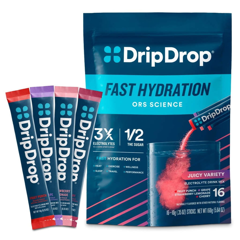 DripDrop Hydration Packets - ジューシーなバラエティパック - シングルセルブ電解液パウダードリンクミックス - グレープ、フルーツパンチ、イチゴレモネード、チェリー - 非GMO、グルテンフリー、ビーガン - 16スティック