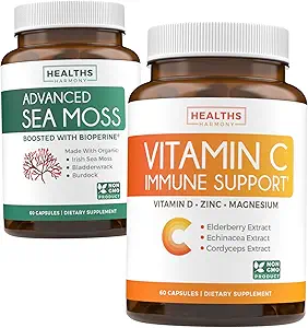 Bundle of Vitamin C Immune Support & Irish Sea Moss - Refresh & Revive Set - Vitamin C Immune Support with Zinc (60 Veg Capsules) & Irish Sea Moss with BioPerine (Non-GMO & Organic) - 60 Caps