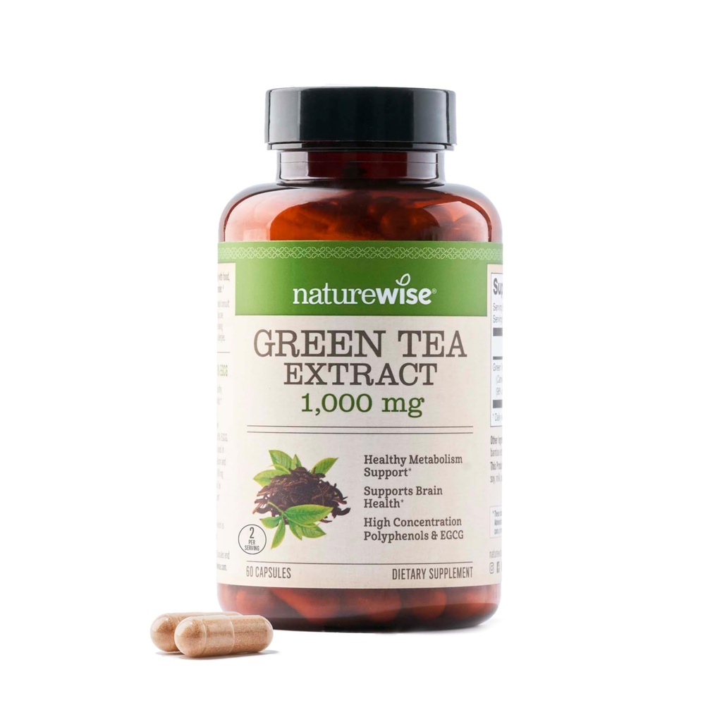 NatureWiseグリーンティーエキスカプセル1000mg - 50%EGCG&98%ポリフェノール - 余分な強度グリーンティーピル - 心の健康とエネルギーのための抗酸化剤 - ビーガン、非GMO - 60カウント[30日の供給]