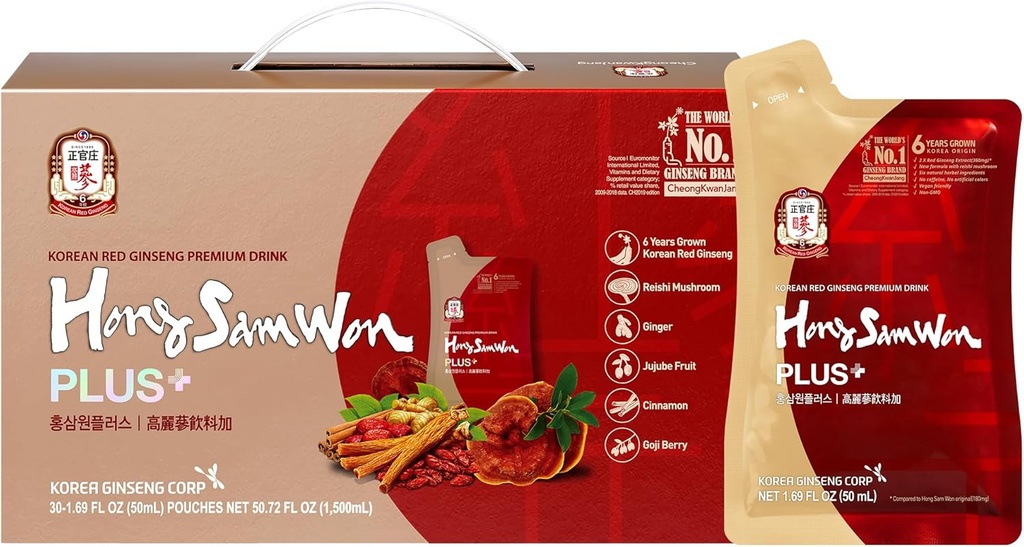 HongSamWon Plus 韓国語 レッド ジンセン プレミアムドリンク | エナジードリンク, プレワークアウト, ハーブティー | 韓国語 レッド ジンセンエキス 360mg, 霊芝マッシュルーム, ジンジャー, シナモン, ゴジベリー | ビーガンフレンドリー | 30カウント