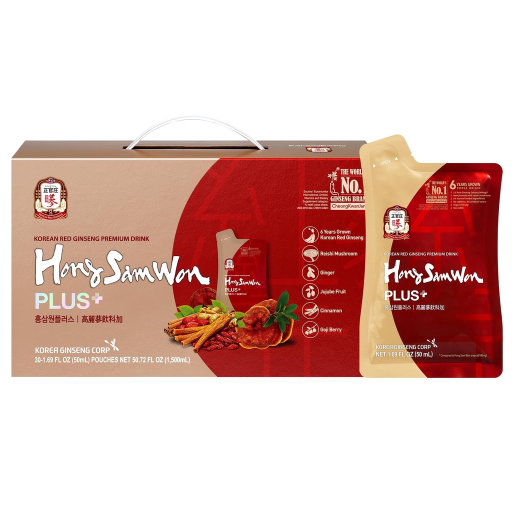 HongSamWon Plus 韓国語 レッド ジンセン プレミアムドリンク | エナジードリンク, プレワークアウト, ハーブティー | 韓国語 レッド ジンセンエキス 360mg, 霊芝マッシュルーム, ジンジャー, シナモン, ゴジベリー | ビーガンフレンドリー | 30カウント