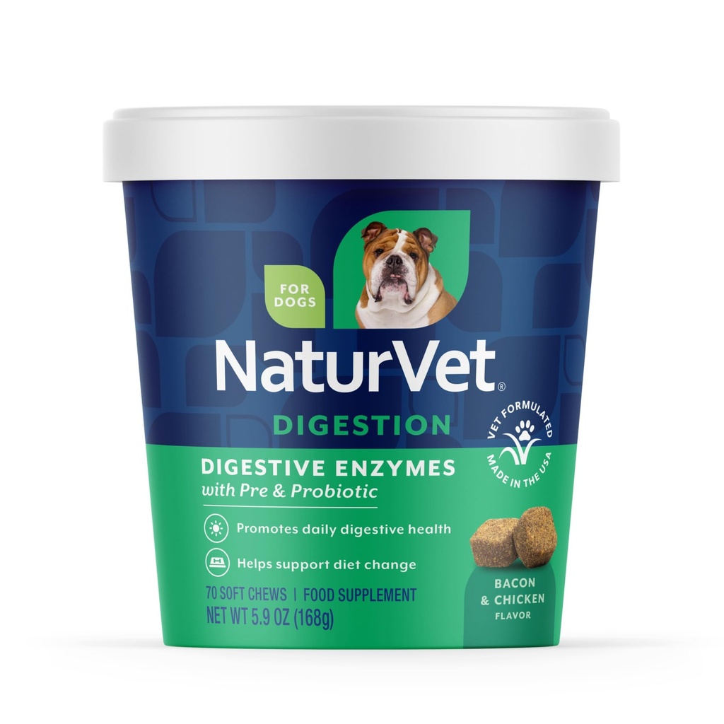 NaturVet - 消化酵素 - プラスプロバイオティクス&プレバイオティクス - 食事療法の変更をサポートし、健康な消化管 - 犬(柔らかい咀嚼、70カウント)