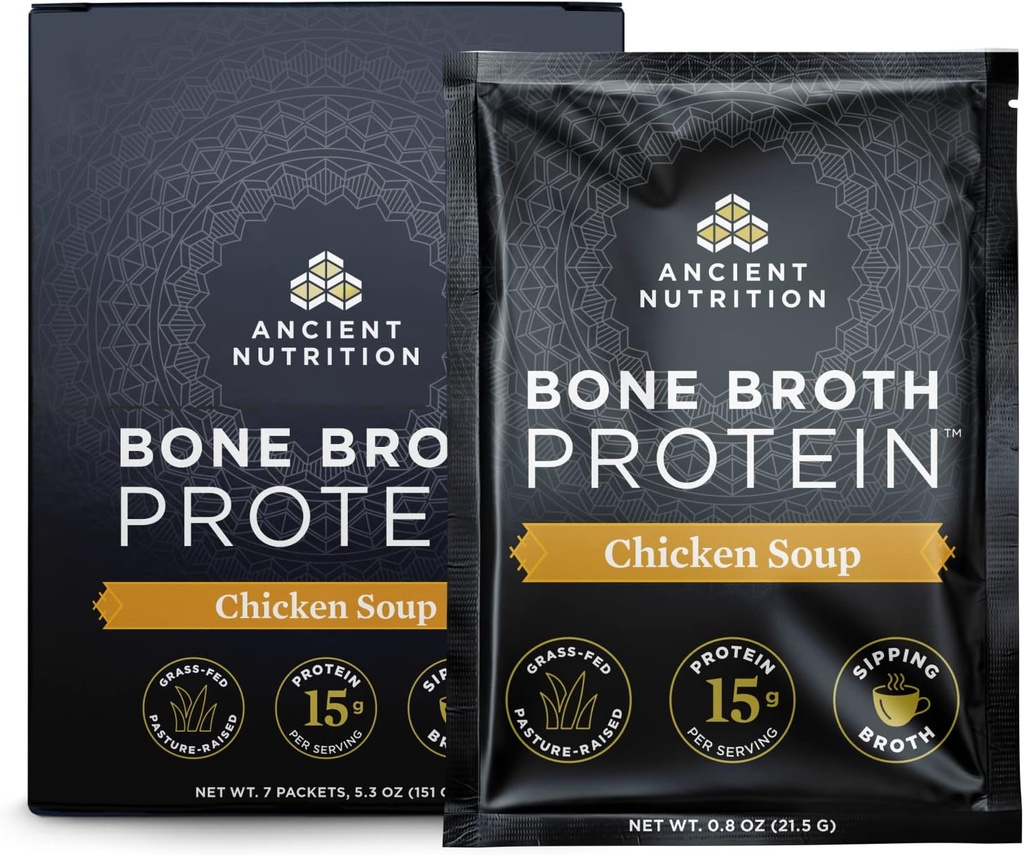 Bone Broth Protein Powder by Ancient Nutrition, Chicken Soup Packets, Grass-Fed Chicken and Beef Bone Broth Powder, 15g Protein Per Serving, Supports a Healthy Gut, 7 Ct