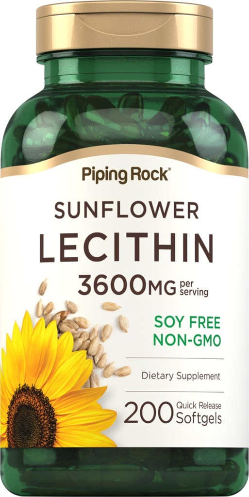 パイピングロックひまわりレシチンソフトゲルカプセル | 3600 mg | 200カウント | フォスファチジルコリン | 大豆フリー・非GMO・グルテンフリー・グルテンフリー