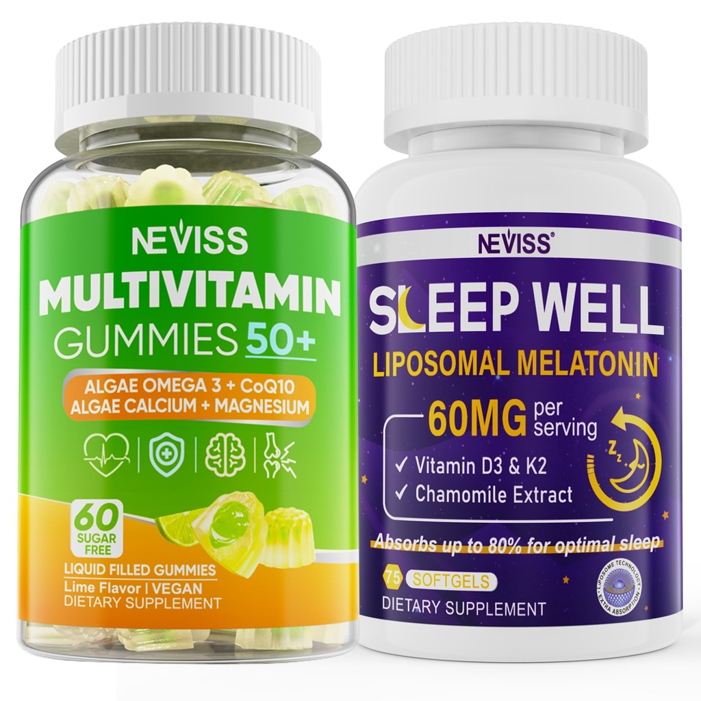 NEVISSレディース&メンズ50+マルチビタミンGummyとMelatonin 60mgバンドル