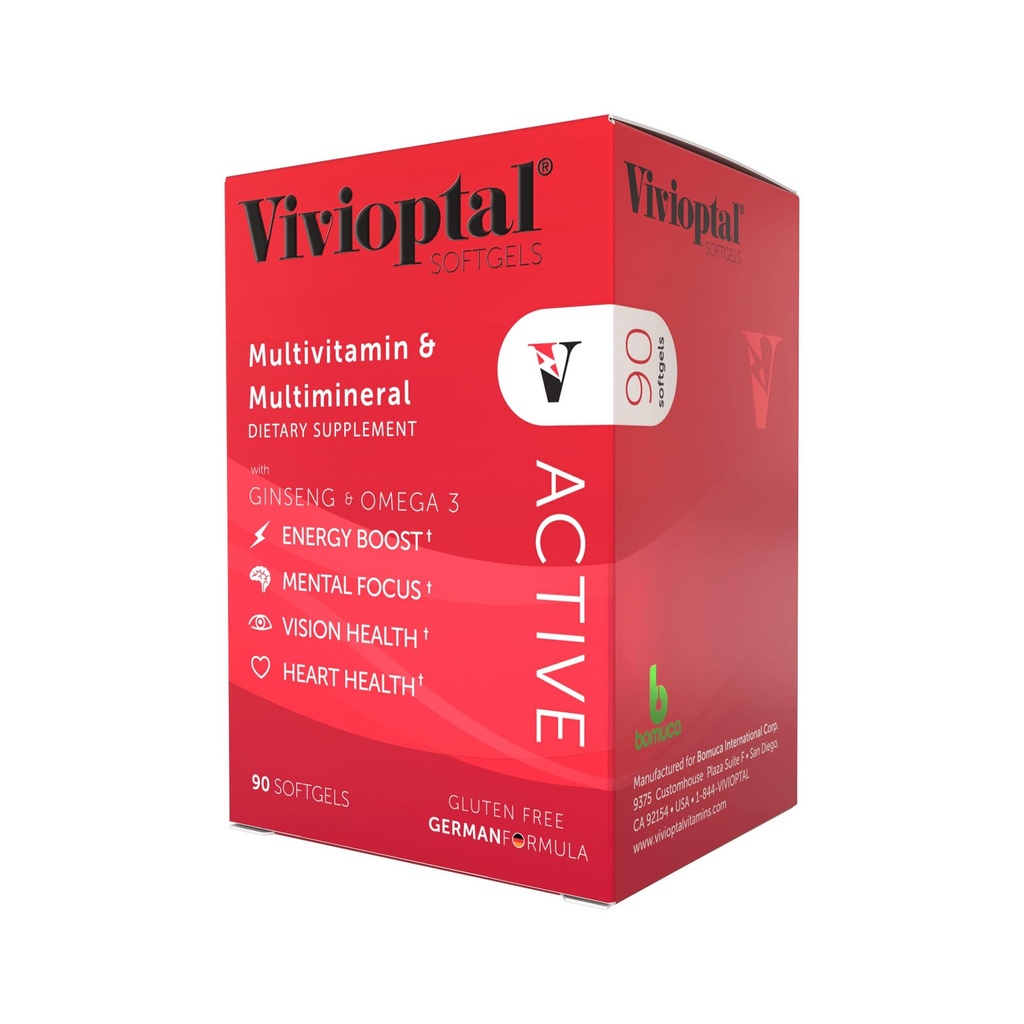 Vivioptal Active、90 Softgels、Ginseng&Omega 3、マルチビタミン&マルチミネラル、グルテンフリー、ドイツ式