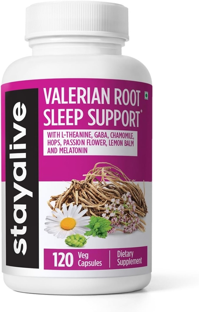 滞在する ALIVE Valerian Rootカプセル、8-in-1エキスw/Melatonin、パッションフラワー、L-テアニン、レモンバーム、ホップフラワー、カモミール&GABA、120 Valerian Pills、非GMO&グルテンフリーナチュラル睡眠サプリメント
