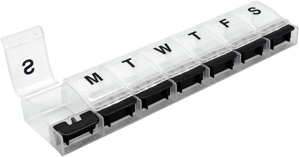 EZY DOSEウィークリー(7日間)AM / PMデイリーピルオーガナイザー、ビタミンケース、医薬品容器、X-Largeコンパートメント、関節炎フレンドリー、便利で使いやすい、クリア/ブラック、デザインメイラリー、BPA無料
