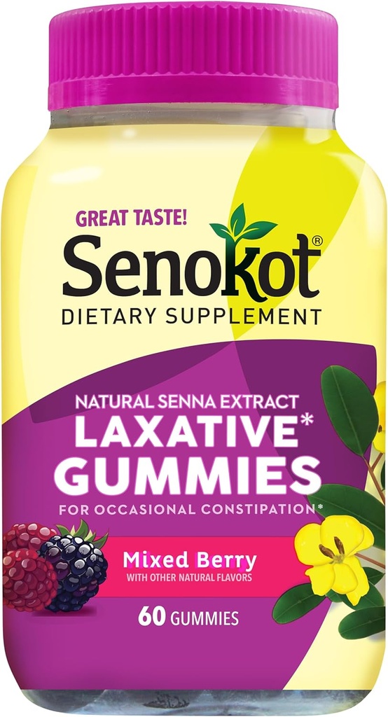 Senokot Dietary Supplement Laxative Gummies, Natural Senna Extract, Gentle, Overnight Relief from Occasional Constipation, Mixed Berry Flavor, 60 Count.