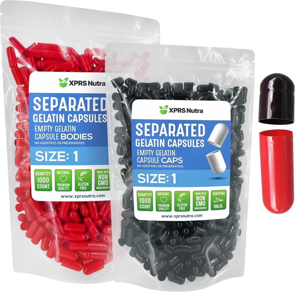 XPRS Nutraのサイズ1のゼラチンによって分けられるカプセル- 1000の計算の空の丸薬のカプセルは袋で分けられます- DIYの補足の詰物のための空の丸薬(黒/赤)