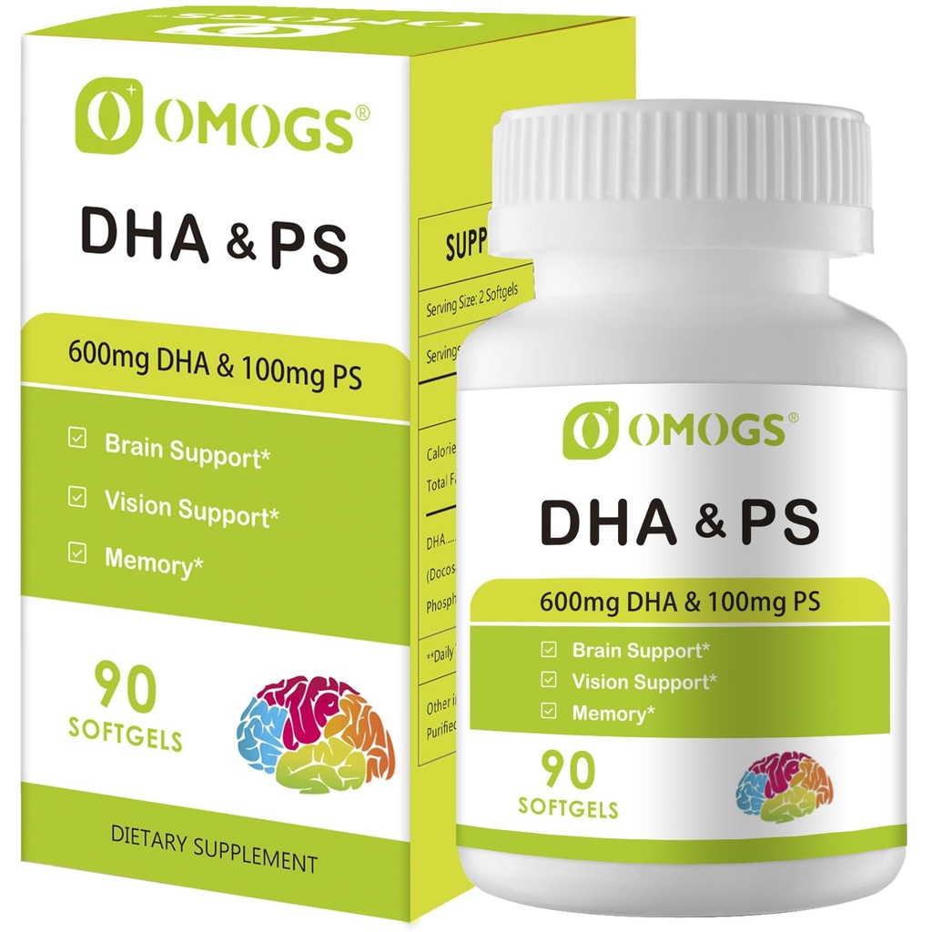 OMOGS Algae DHA - 600 mg Omega-3 DHA Softgels、Phosphatidylserine & Walnut Oil、健康な脳機能、ビジョン、目 & 記憶、グルテンフリー、非GMOビーガン藻油、90 Softgelsをサポート