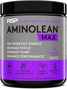 RSP NUTRITION AminoLean MAX Pre Workout - Intense Energy, Massive Pumps, Laser Focus with Natural Caffeine, Nitric Oxide, Beta Alanine, BCAAs, Nootropics, 25 Serv