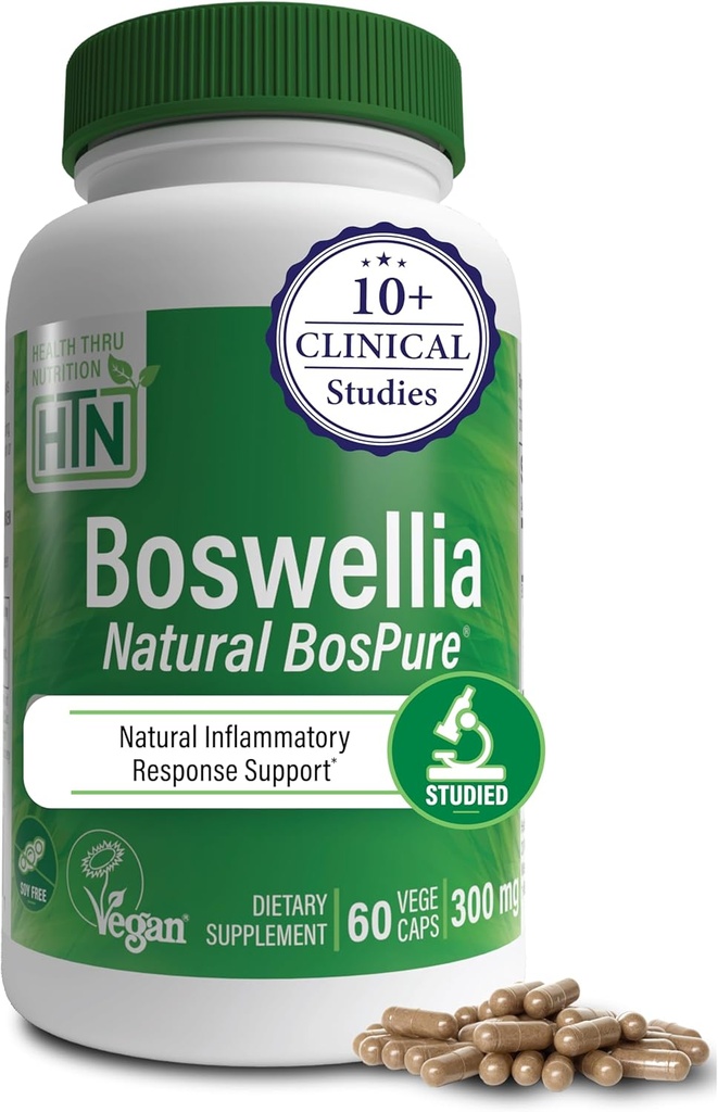 Health Thru Nutrition Boswellia 300mg 60 Capsules as Bospure AKBAMAX | High Potency 75% Boswellic Acids 10% AKBA | Healthy Mobility Support | Vegan Certified | Non-GMO, Gluten Free, Soy Free