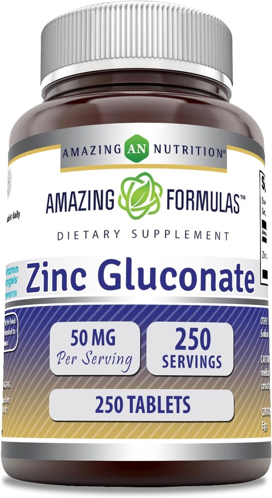 Amazing Formulas Zinc Gluconate 50 Mg Supplement | Tablets | Non-GMO | Gluten-Free | Made in USA (1 Pack | 250 Count)