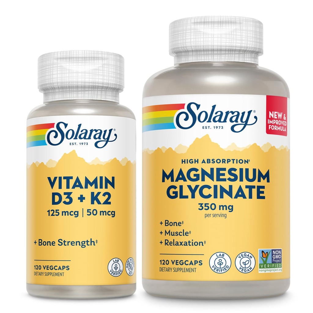 SOLARAYのビタミンD3 K2およびマグネシウムのGlycinate -骨の健康の束-カルシウム吸収、Nerve、中心および免疫サポートw/ 5000 IUのビタミンD、350mgのChelatedのマグネシウム、60日の保証、120ct/120ct