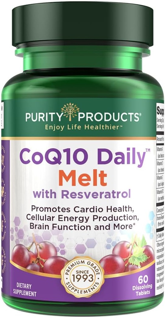 純度プロダクトCoQ10毎日Resveratrolの溶解100mg CoQ10-30mgのトランスResveratrol -ビタミンA、D3、EおよびB12 (メチルコバラミンとして) - 60の速い分解のタブレット