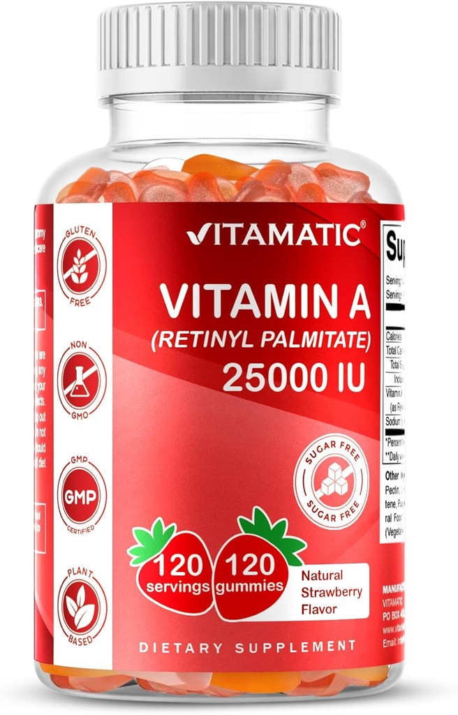 Vitamatic砂糖はビタミンA 25000 IUのグミー(Retinyl Palmitate) - 自然ないちごの味- 120のペクチンによって基づくグミー(1本のびん)を解放します