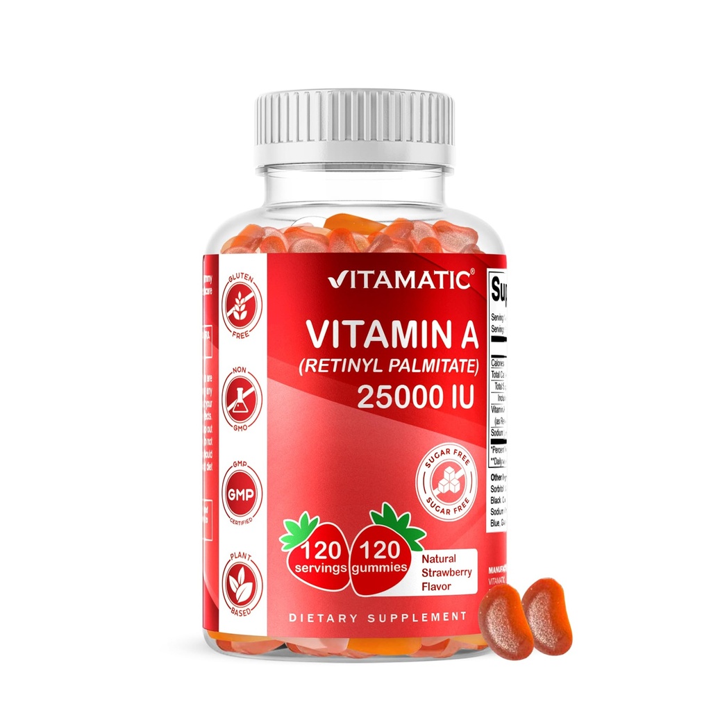 Vitamatic砂糖はビタミンA 25000 IUのグミー(Retinyl Palmitate) - 自然ないちごの味- 120のペクチンによって基づくグミー(1本のびん)を解放します