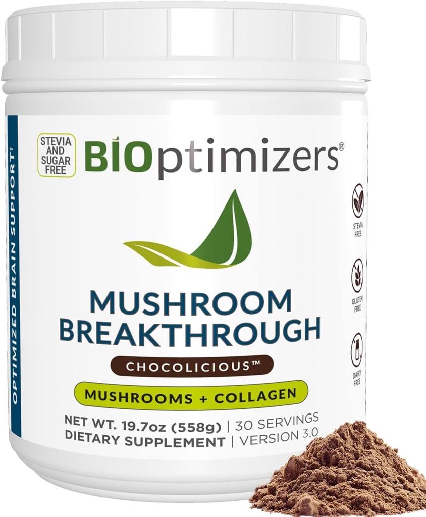 BIOptimizersキノココーヒー代替 – チョコレートドリンク – ライオンズマネ, チャガ, 礼石 + フォーカスのためのコラーゲンペプチド, エネルギー & 腸の健康 – 適応性キノコ & MCT パウダー – 30 サービング