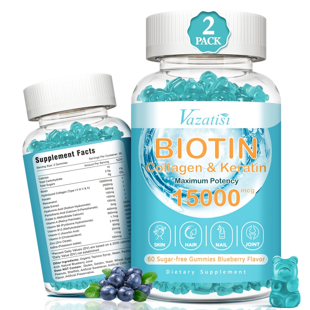 ビオチンとコラーゲンは、B12、髪の皮膚と髪の成長のためのビタミンのガミー、皮膚と強い爪 - ブルーベリー風味、砂糖無料、120 Ct