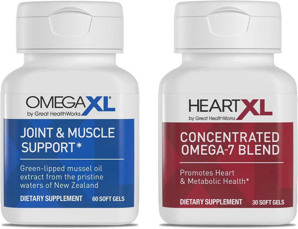 OmegaXL Joint Support Supplement - Natural Muscle Support, Green Lipped Mussel Oil, Soft Gel Pills, Drug-Free, 60 Count + HeartXL 30 Count, High Potency Omega-7 Blend