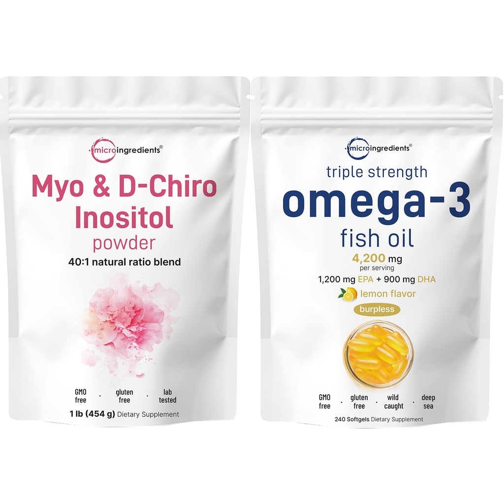 マイクロ成分オメガ-3 魚油 4,200 mg ソフトゲル&ミオ&D-シロイノシトールパウダーバンドル2パック | ワイルドキャッチフィッシュ、レモン風味、バープレス | 女性用イノシトールサプリメント