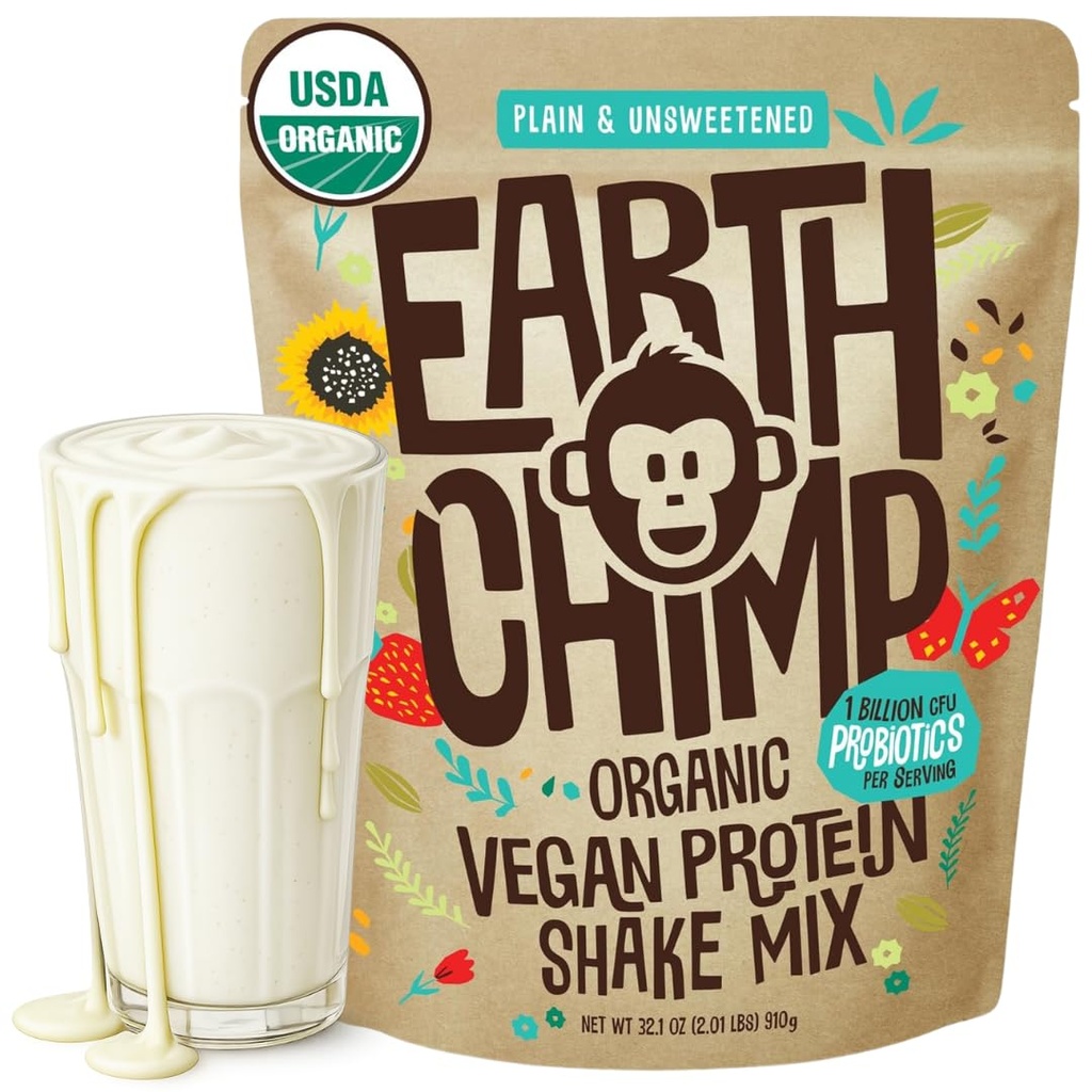 EarthChimpオーガニックビーガンプロテインパウダー - プロバイオティクス付き - 非GMO、乳製品無料、非乳製品、女性と男性のための植物ベースのタンパク質パウダー、グルテンフリー - 26 サービング32 Oz(プライン&無糖)