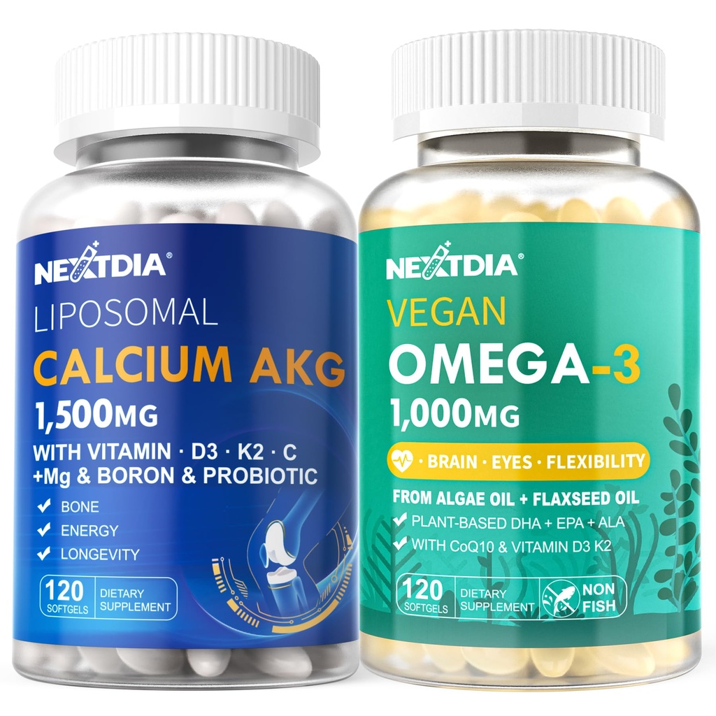 LiposomalカルシウムAKGの補足1500mg +ビーガンオメガ3の補足1000mg