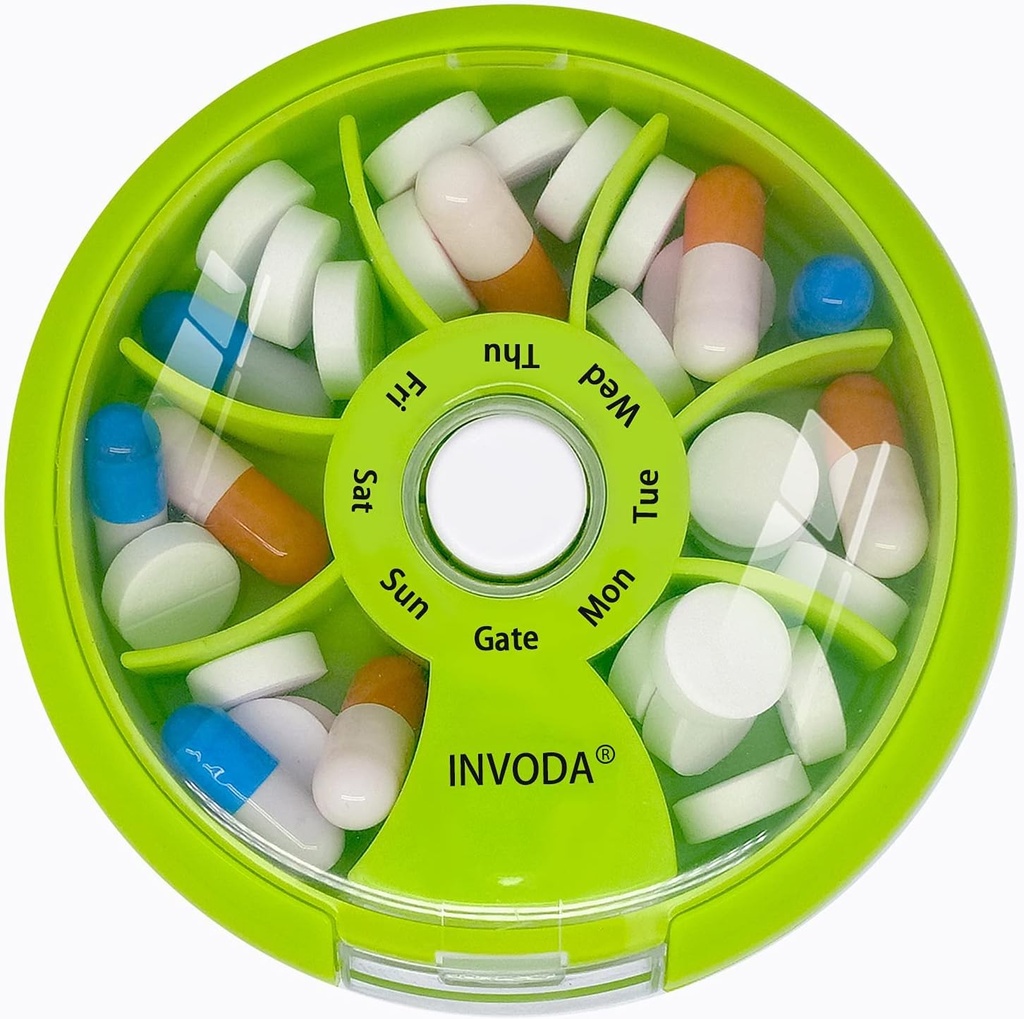 INVODAウィークリーピルオーガナイザー7コンパートメント回転ピルボックス毎日の薬とビタミン - ポータブルトラベルピルケースフィッシュオイルはビタミンオーガナイザー(オレンジ)を補います