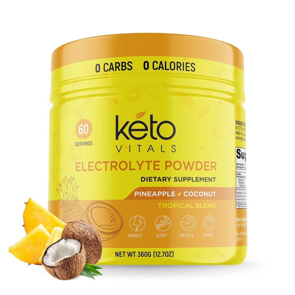 Ketoのガラスびんの電解物の粉-カリウム、マグネシウム、ナトリウム及びカルシウムが付いている砂糖の自由なKetoの電解物の粉-砂糖の電解物の飲み物の組合せ無し及び水化の粉、60のサービング、パイナップルのココナッツ