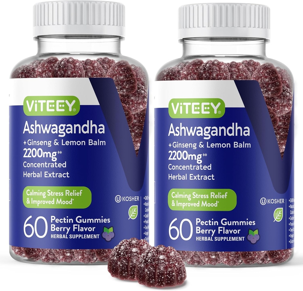 Viteey Ashwagandha Ginseng&Lemon Balm - Mood, Calm & Stress Support Ashwagandha Supplements - ビーガン, グルテンフリー - 120 カウント