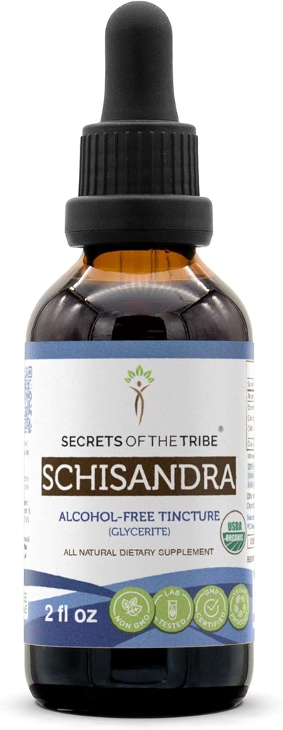 Tribe Schisandra USDA Organicの秘密 | アルコールフリーエキス、高効力ハーブドロップ | 100%認定オーガニックシサンドラ(スキサンドラキネシス)ドライベリー2オンス製