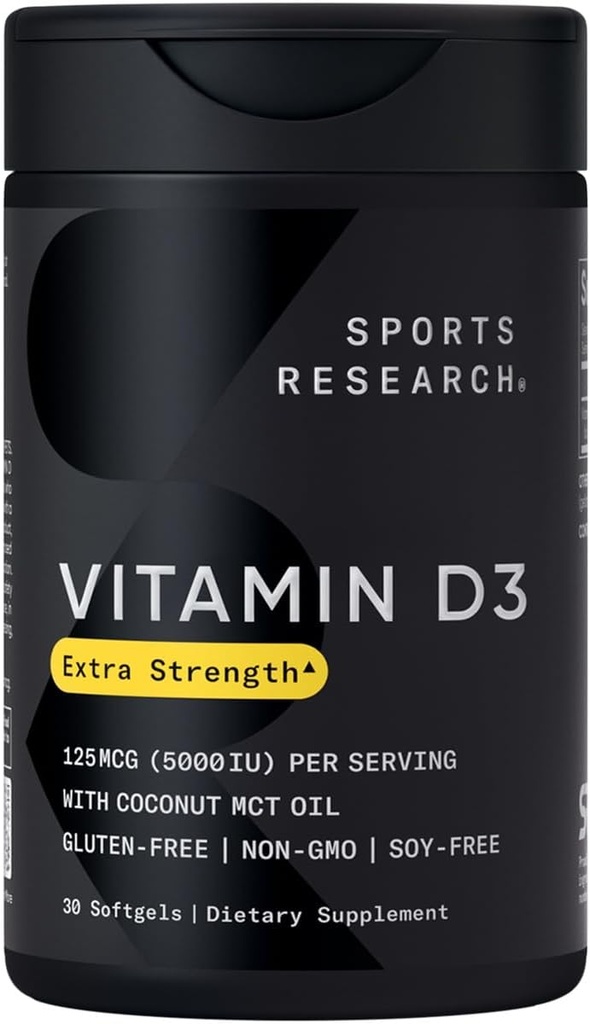 Sports Research Vitamin D3 5000 IU with Coconut MCT Oil - High Potency Vitamin D Supplement for Immune & Bone Support - Non-GMO Verified, Gluten & Soy Free – 125mcg, 30 Liquid Softgels
