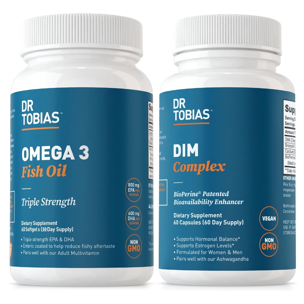 Dr. Tobias Omega 3 魚油と DIM 複合サプリメント, サポートハート, 脳免疫機能とバイオパインと女性と男性のためのホルモンバランス, ボルッコリーエキス & カルシウム D グルカレート, 60 カプセル