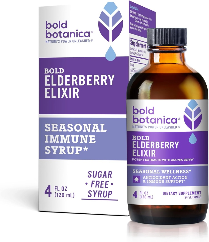 Bold Botanica Elderberry Elixir – 65x Concentrated Extract - Sugar-Free - Kid Friendly - Black Elderberry Syrup with Aronia Berry for Immune Support - 4 Fl. Oz.