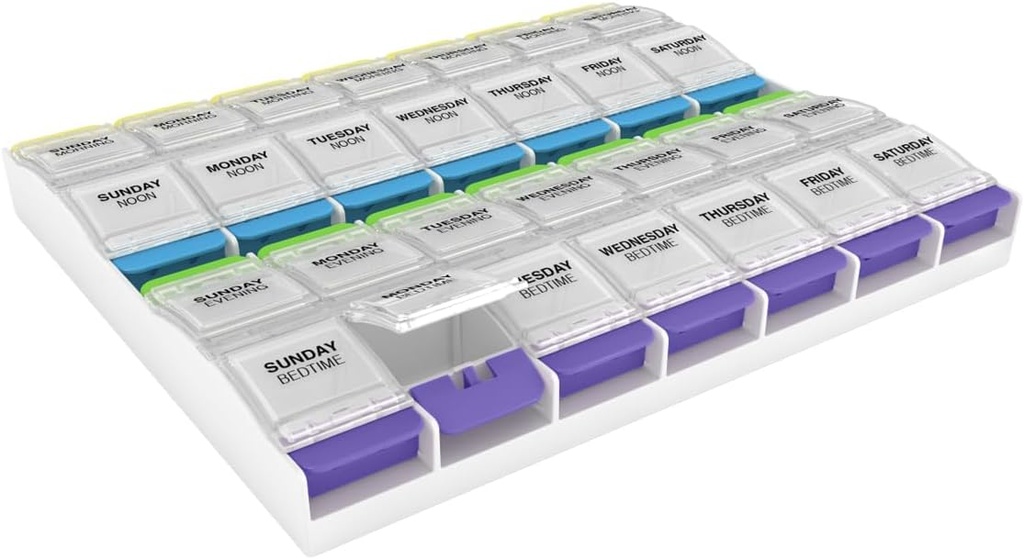 Ezy Dose Weekly(7日間)ピルケース、薬用プランナー、ビタミンオルガナイザーボックス、3X大プッシュボタンコンパートメント、4回、クリアライダー、BPA無料