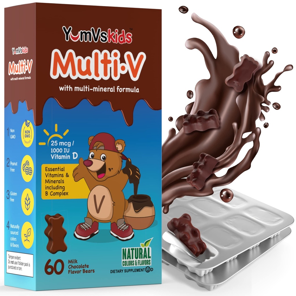 YUM-V'S - キッズマルチビタミンChewableチョコレートベア - 子供のためのマルチビタミン - 16ビタミン&ミネラル - D、亜鉛、C、B複合体を含むビタミン - 1の60カウントパック