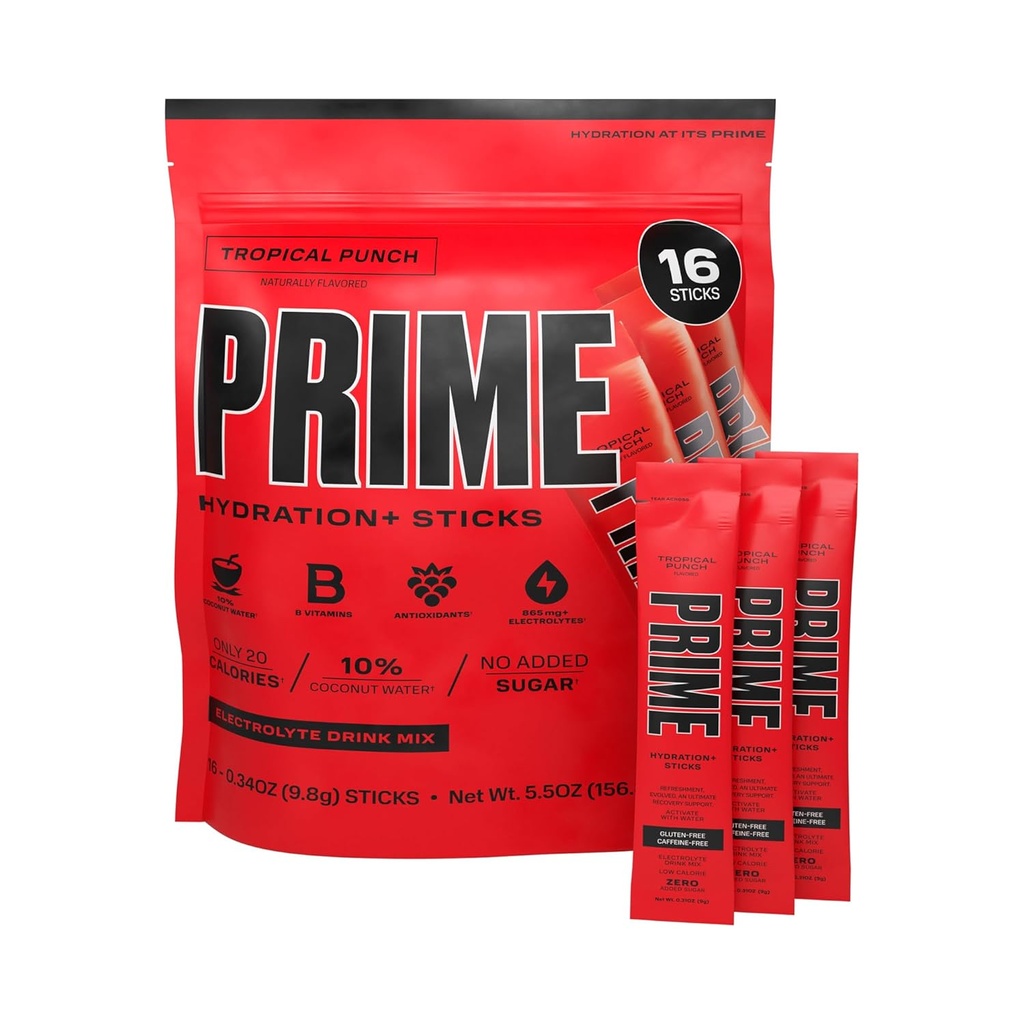PRIME HYDRATION+ スティック トロピカル パンチ| ハイドロレーション パウダー シングル サーブ スティック | 電解質パウダー オン ゴー | 250mg BCAAs、B ビタミン、抗酸化剤 | 低糖 | カフェインフリー | ビーガン | 16 スティック