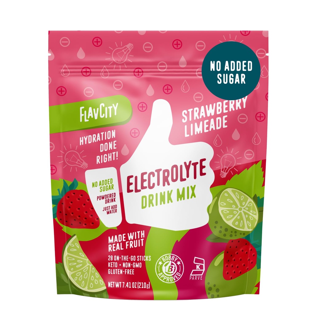 FlavCity いちご Limeade 電解液 パウダー パケット - 28 水分補給パケット - 砂糖なし - 実質の果物と無精製海の塩 - Keto&グルテンフリー(28 スティックパック)