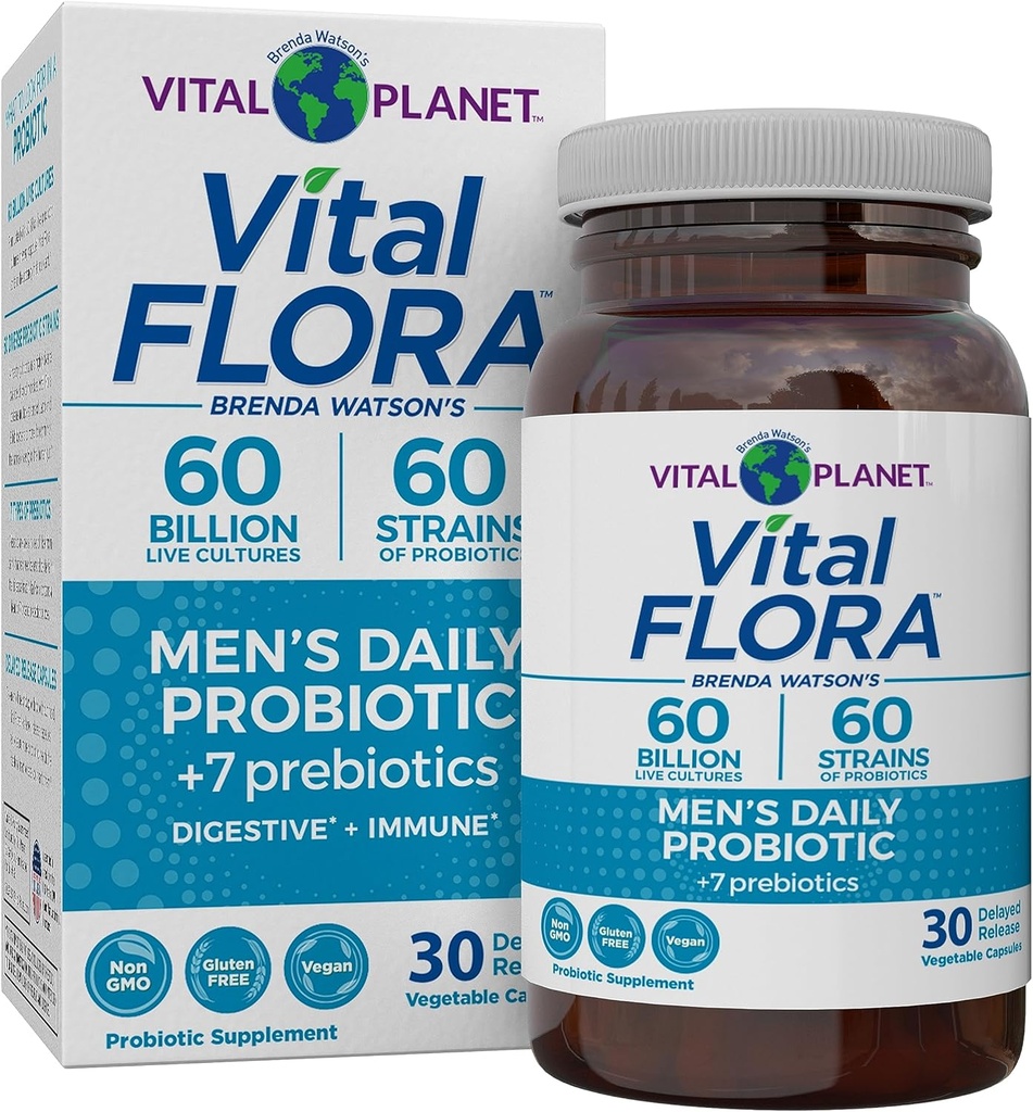 Vital Planet - Vital Flora Men's Daily Probiotic、60 Billion CFU、60 Diverse Strains、7 Organic Prebiotics、免疫サポート、ガスリリーフ、コロン、消化の健康プロバイオティクス 男性30カプセル