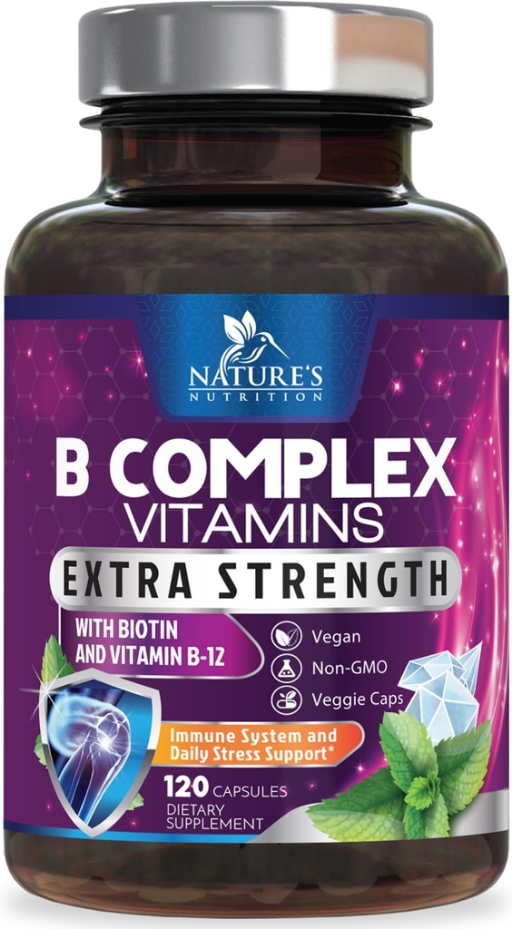 Bの複雑なビタミンのカプセル-ビタミンB12 B6 B100 CのBiotinの葉酸塩及び葉酸-中心、頭脳および神経サポートのための補足-免疫及びエネルギー サポートのための極度の完全なBコンプレックス- 120のカプセル