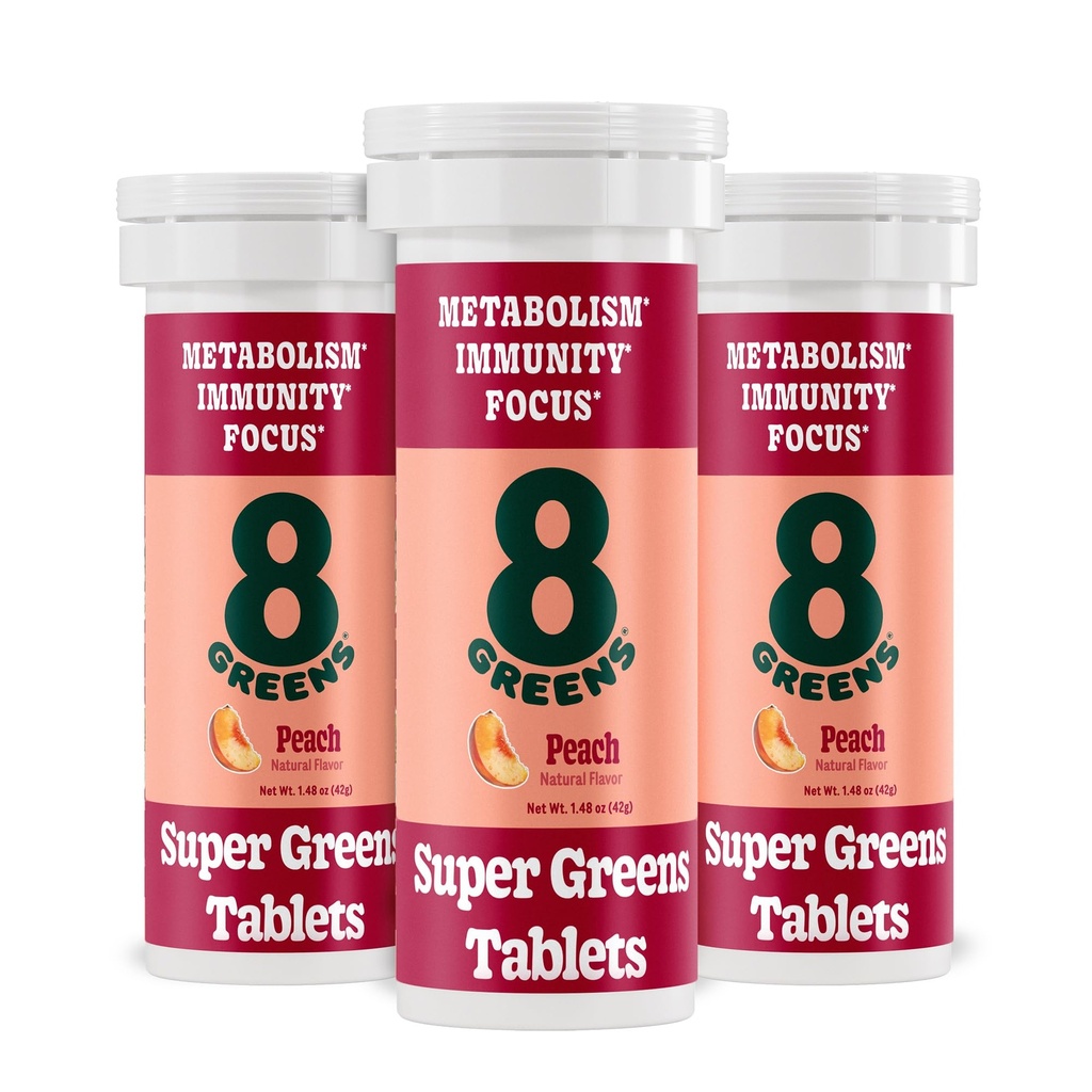 8GreensのSupergreensのタブレット 極度の緑の粉のSuperfoodのタブレット、Metabolismの免除及び焦点、毎日緑のEffervescentのタブレット、有機性:アロエVera、Spirulina、Chlorella、ピーチ、30のサービング