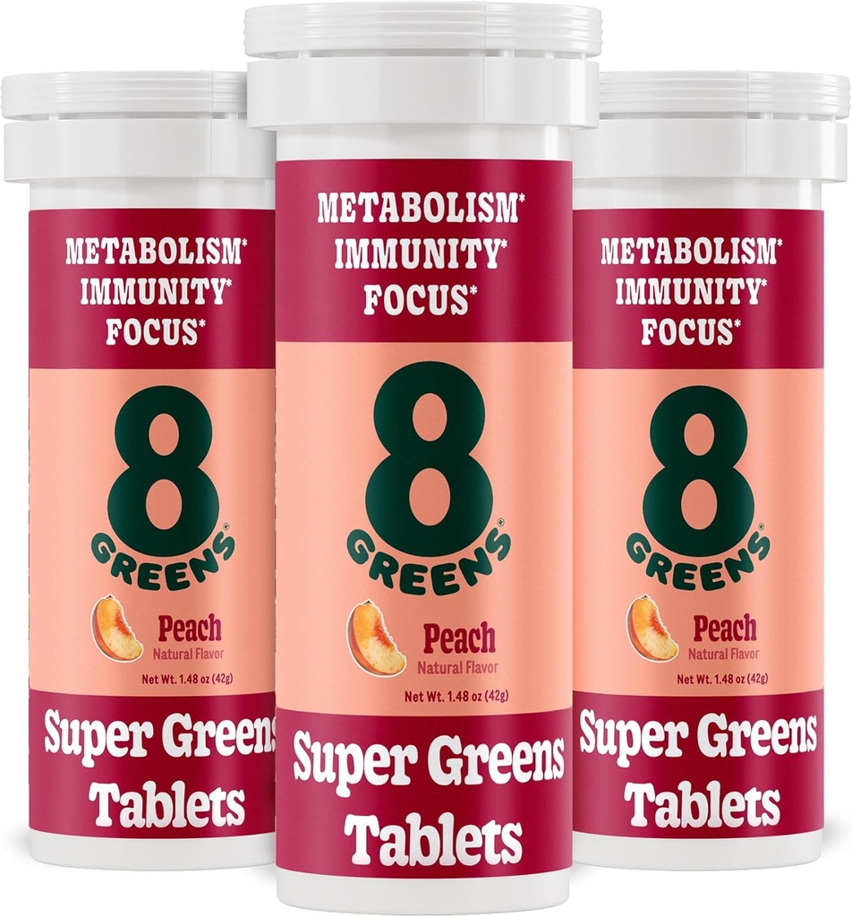 8GreensのSupergreensのタブレット 極度の緑の粉のSuperfoodのタブレット、Metabolismの免除及び焦点、毎日緑のEffervescentのタブレット、有機性:アロエVera、Spirulina、Chlorella、ピーチ、30のサービング