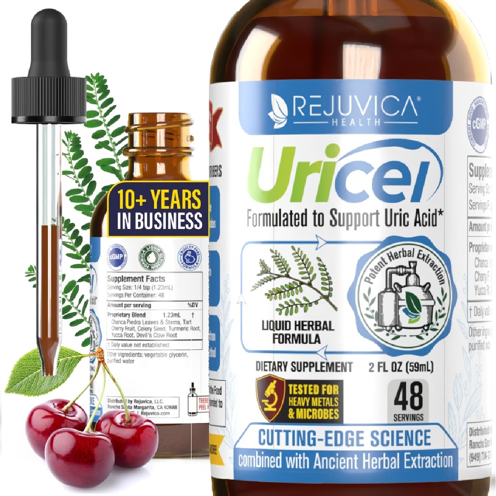 Uricel - 高度な尿酸サポート&クレンジングサプリメント - ジョイント&腎臓サポート - より良い吸収のための液体配達 - タルトチェリー、Chanca Piedra、Celery Seed&Turmeric - 2 fl oz